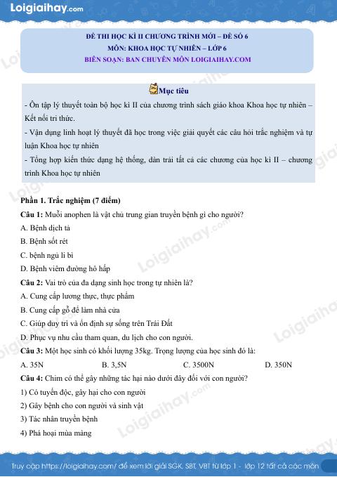 Đề thi học kì 2 KHTN 6 Kết nối tri thức - Đề số 6
